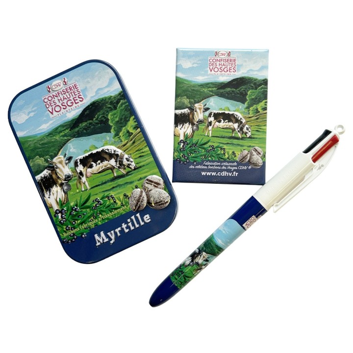 Pack "Myrtille" - boîte de bonbons + magnet + stylo