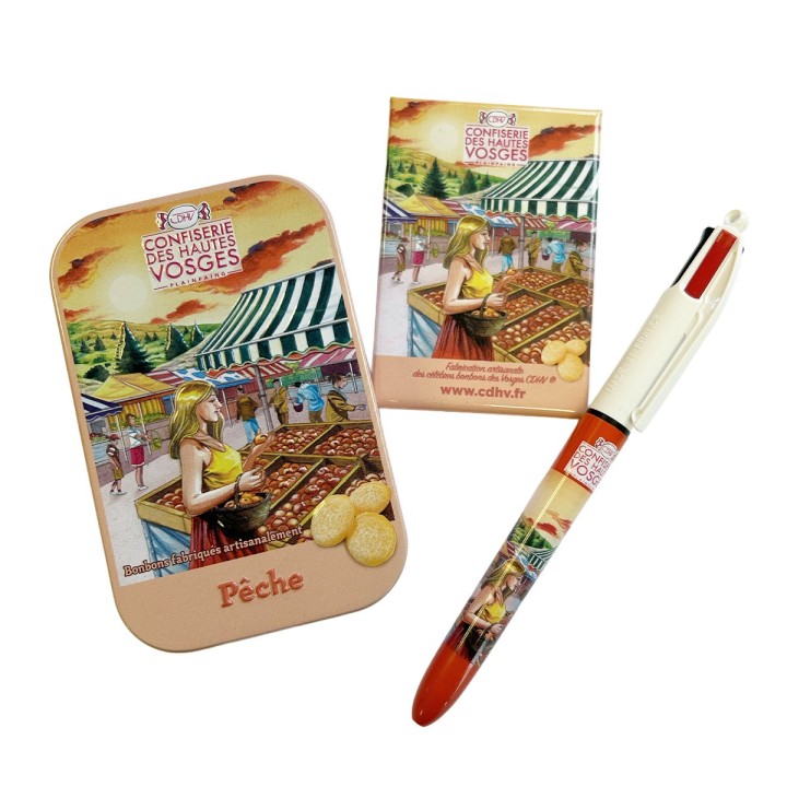 Pack "Peche" - boîte de bonbons + magnet + stylo